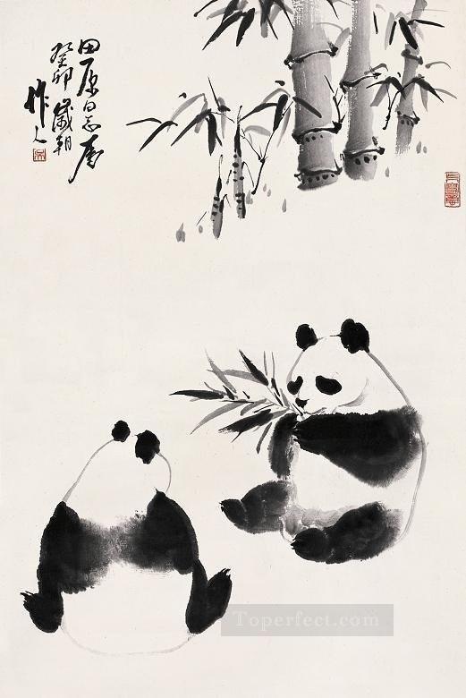 竹の古い墨の動物を食べる呉祖人パンダ油絵